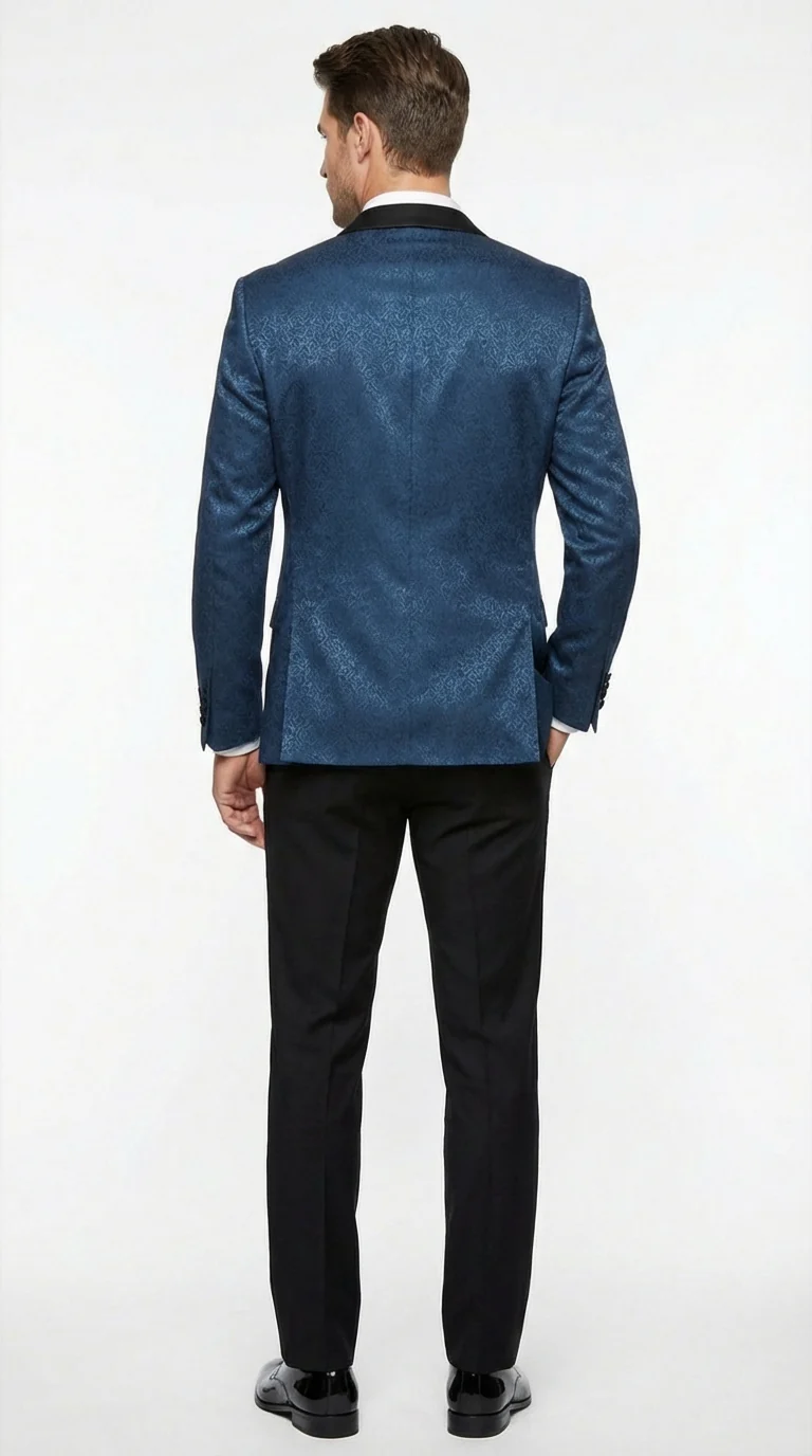 Slim Fitted Mens Teal Blue Jacquard Paisley Blazer – Black Peak Lapel Formal Dinner Jacket Slim Fit - Image 4