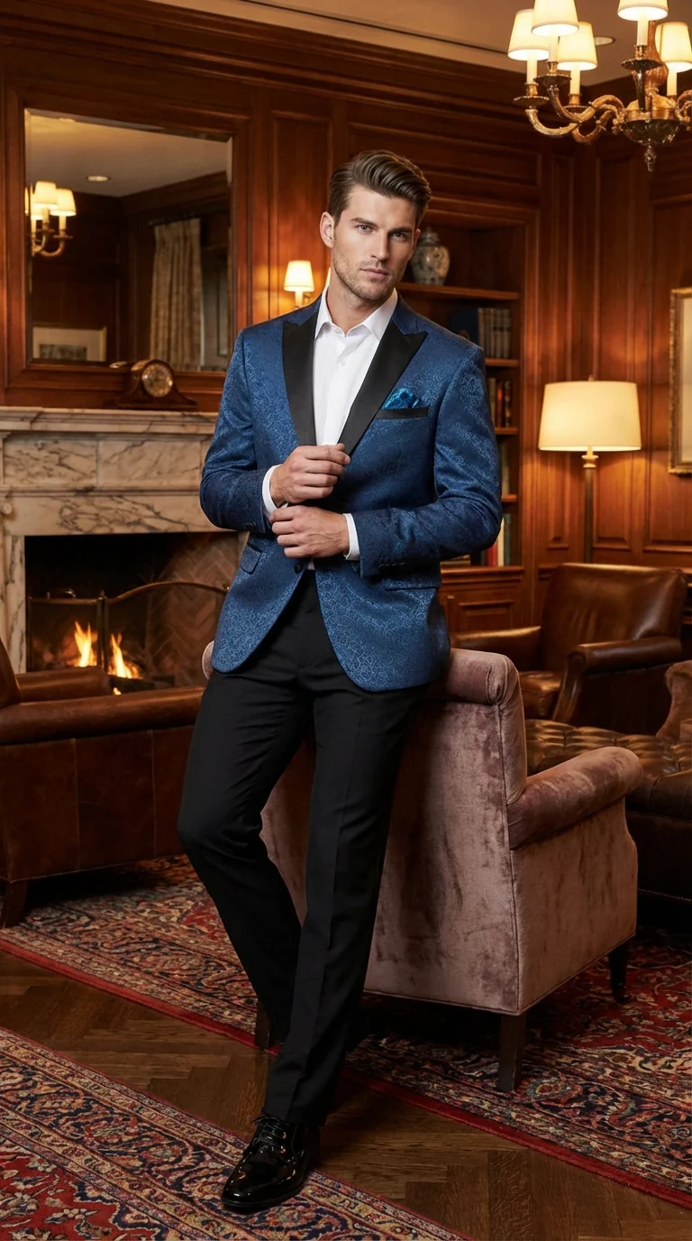 Slim Fitted Mens Teal Blue Jacquard Paisley Blazer – Black Peak Lapel Formal Dinner Jacket Slim Fit - Image 5