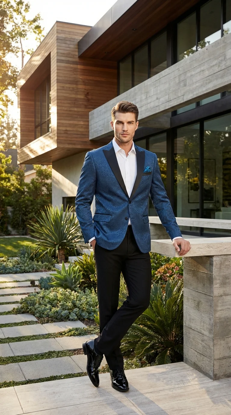 Slim Fitted Mens Teal Blue Jacquard Paisley Blazer – Black Peak Lapel Formal Dinner Jacket Slim Fit - Image 6