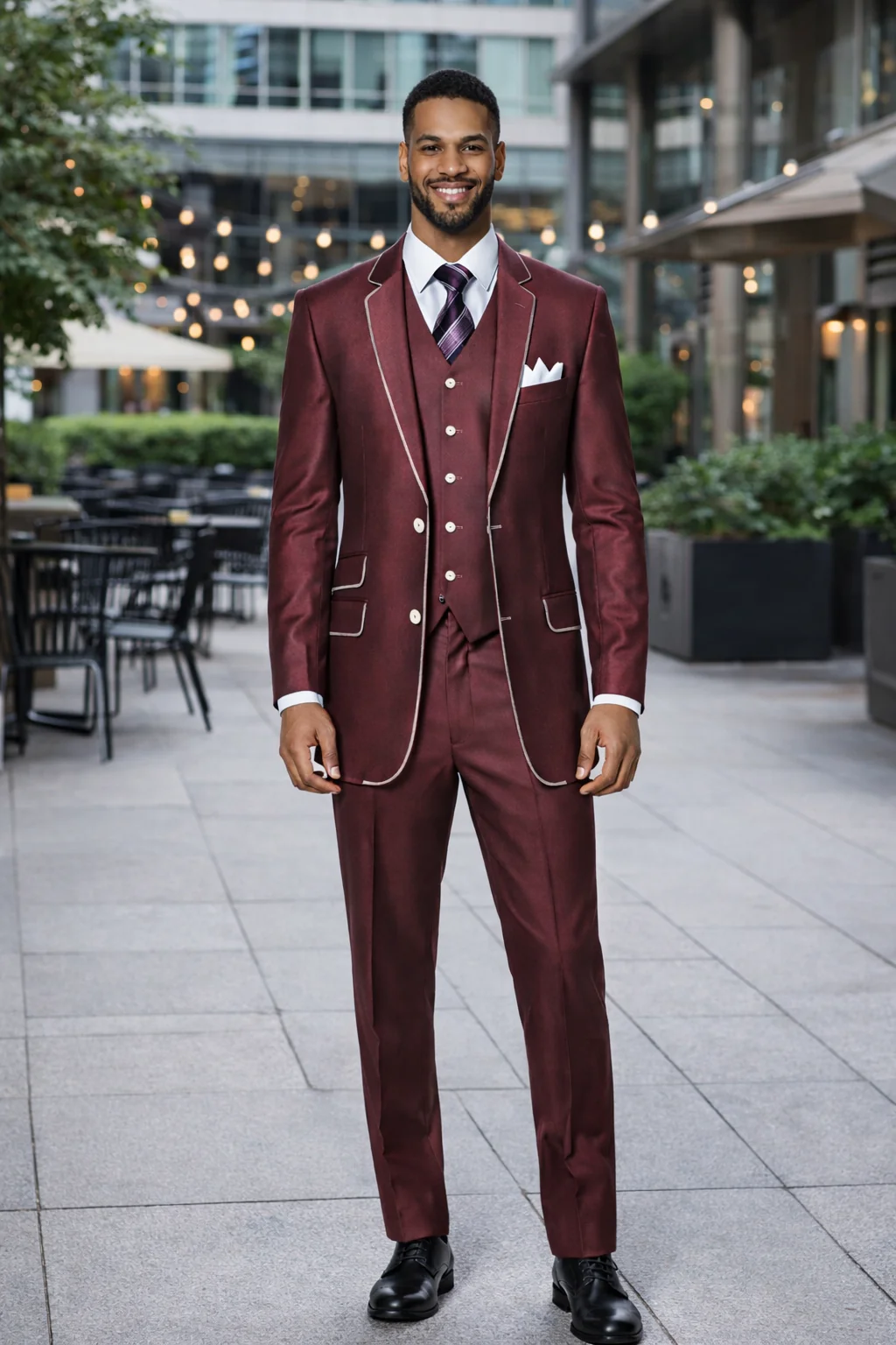 Slim Style   Milano Suits by Milano Moda Men's Burgundy ~ Wine ~ Maroon Suit  Shiny Flashy 3 Piece Burgundy Men's Sharkskin Suit - Image 3
