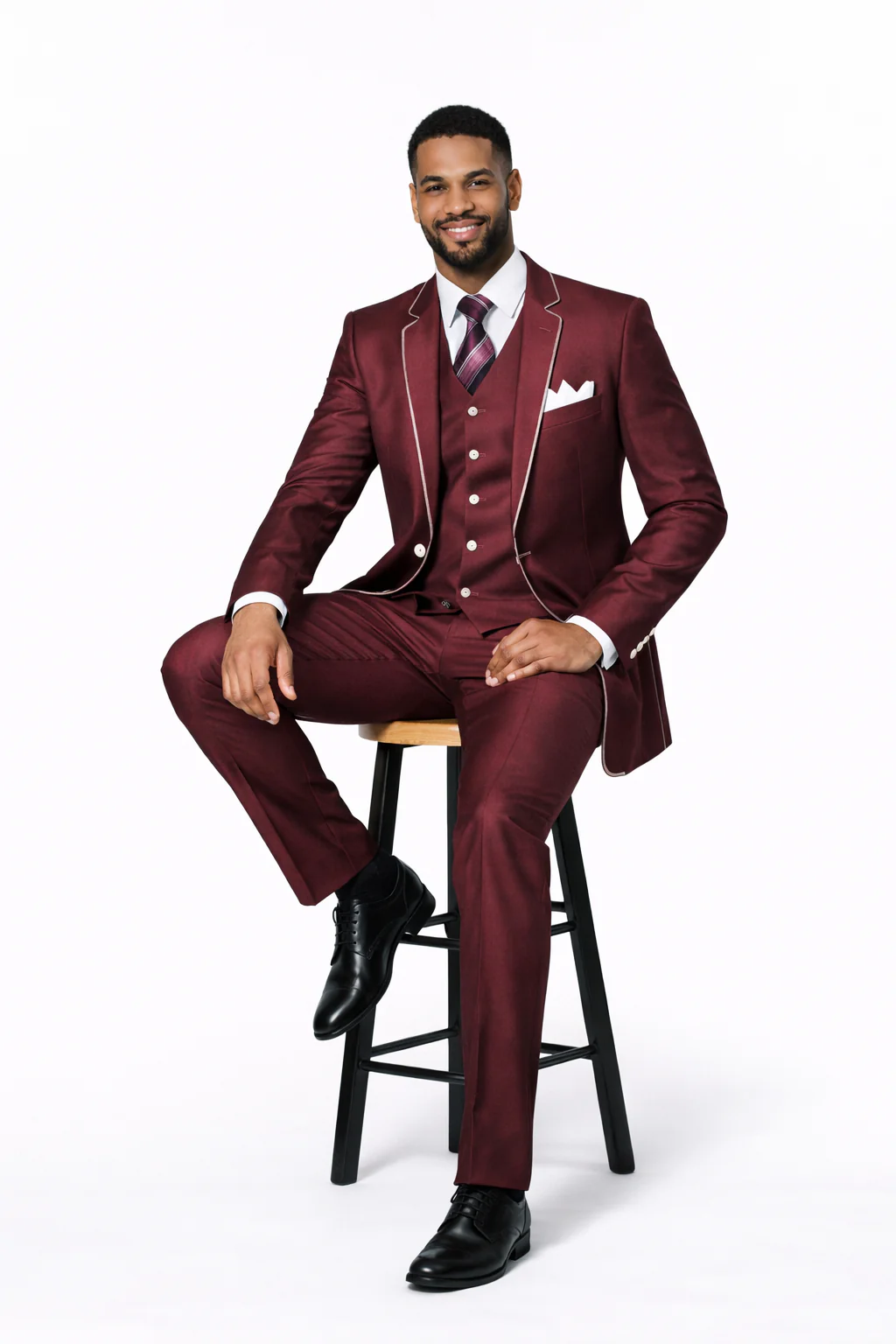 Slim Style   Milano Suits by Milano Moda Men's Burgundy ~ Wine ~ Maroon Suit  Shiny Flashy 3 Piece Burgundy Men's Sharkskin Suit - Image 5