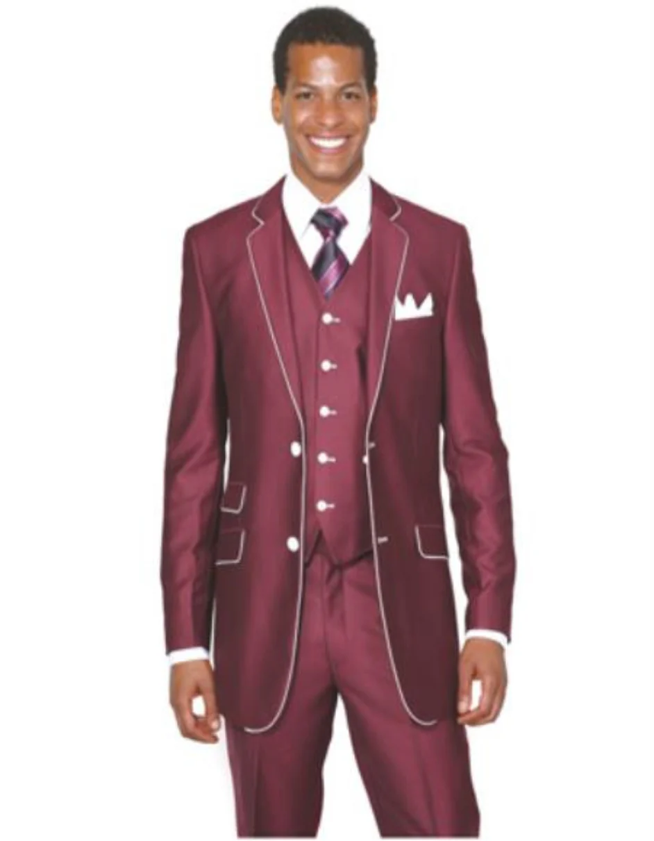 Slim Style   Milano Suits by Milano Moda Men's Burgundy ~ Wine ~ Maroon Suit  Shiny Flashy 3 Piece Burgundy Men's Sharkskin Suit - Image 8