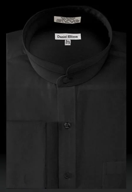 Solid Banded French Cuff Dress Mandarin Collarless Preacher Round Style Black Men Dress Shirt