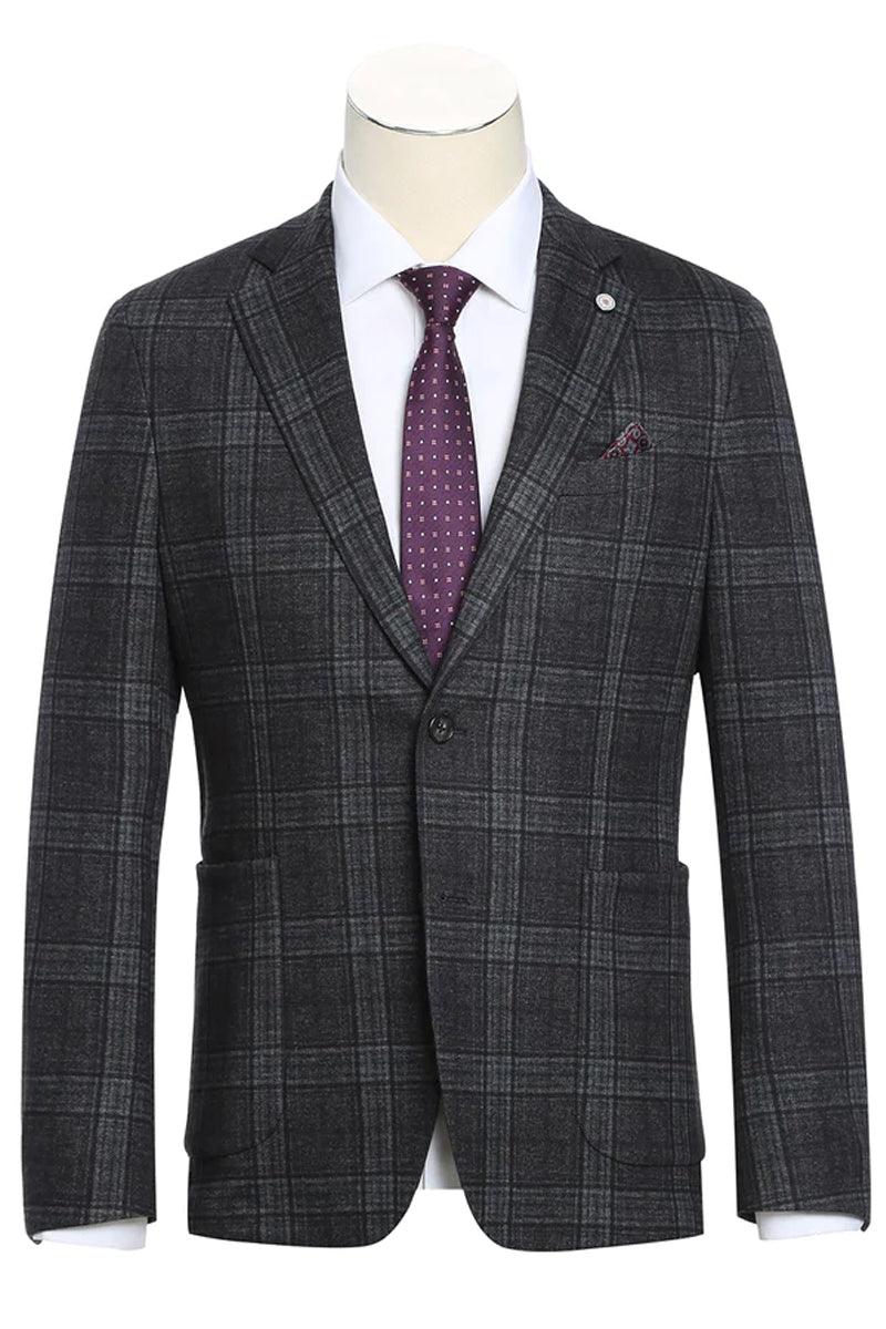 "Sophisticated Elegance for Prom and Weddings: Pelago Grey-Black Windowpane Plaid Blazer"