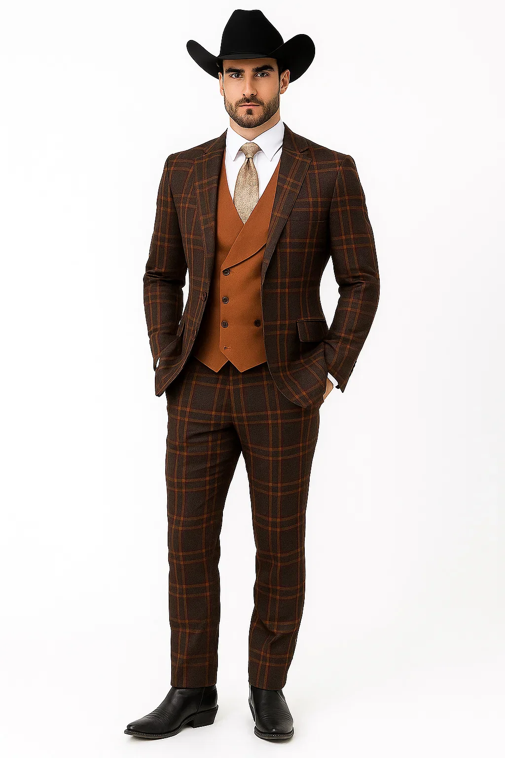 Statement Confidence Designer Suit - Copper - Orange - Super 150's Wool Suits 1 Button Peak Lapel Double Breasted Vest Rust Color Perfect For Church - Image 4