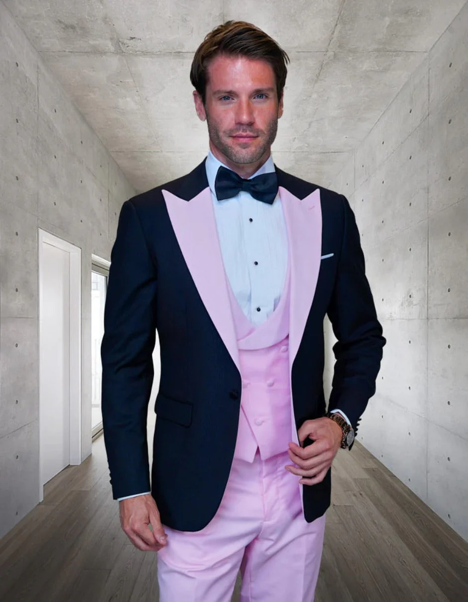 Statement Men's Black Vested with Pink Peak Lapel 100% Wool Tuxedo
