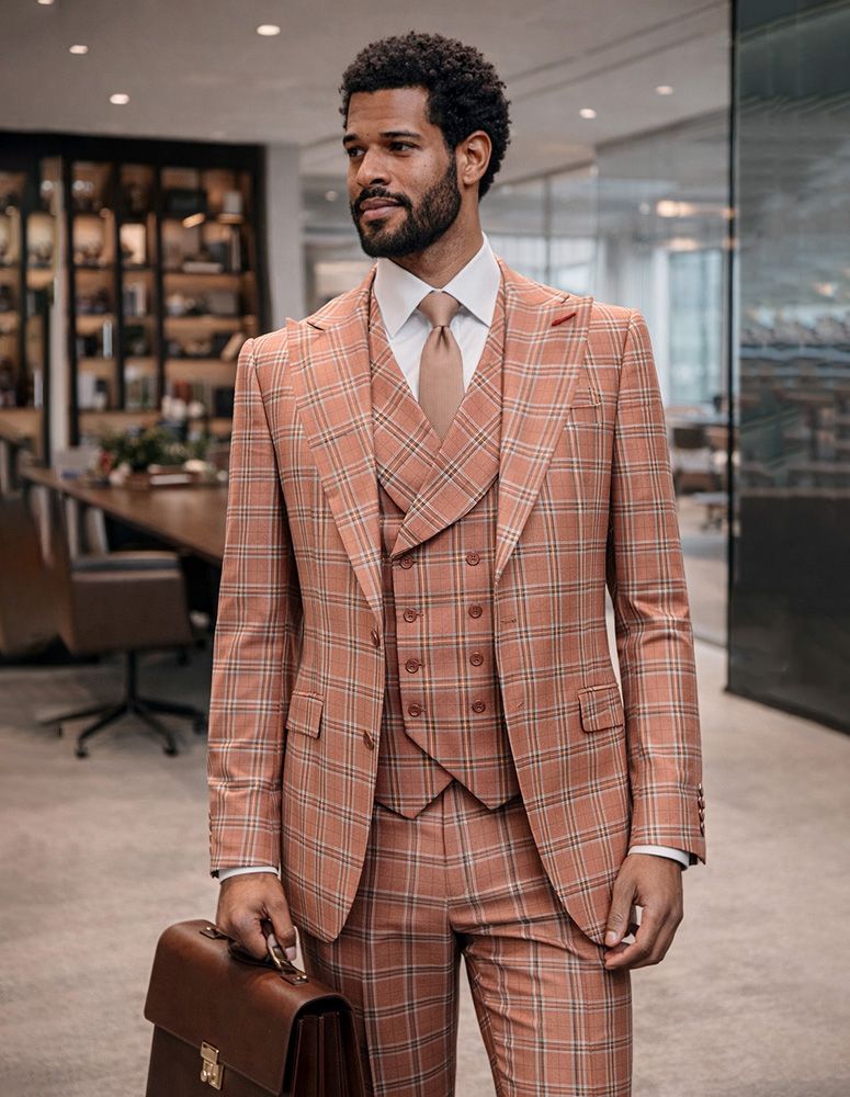 Statement Mens Modern Fit 3 Piece 100% Super Wool Windowpane Suit β Double Breasted Vest, Peak Lapel