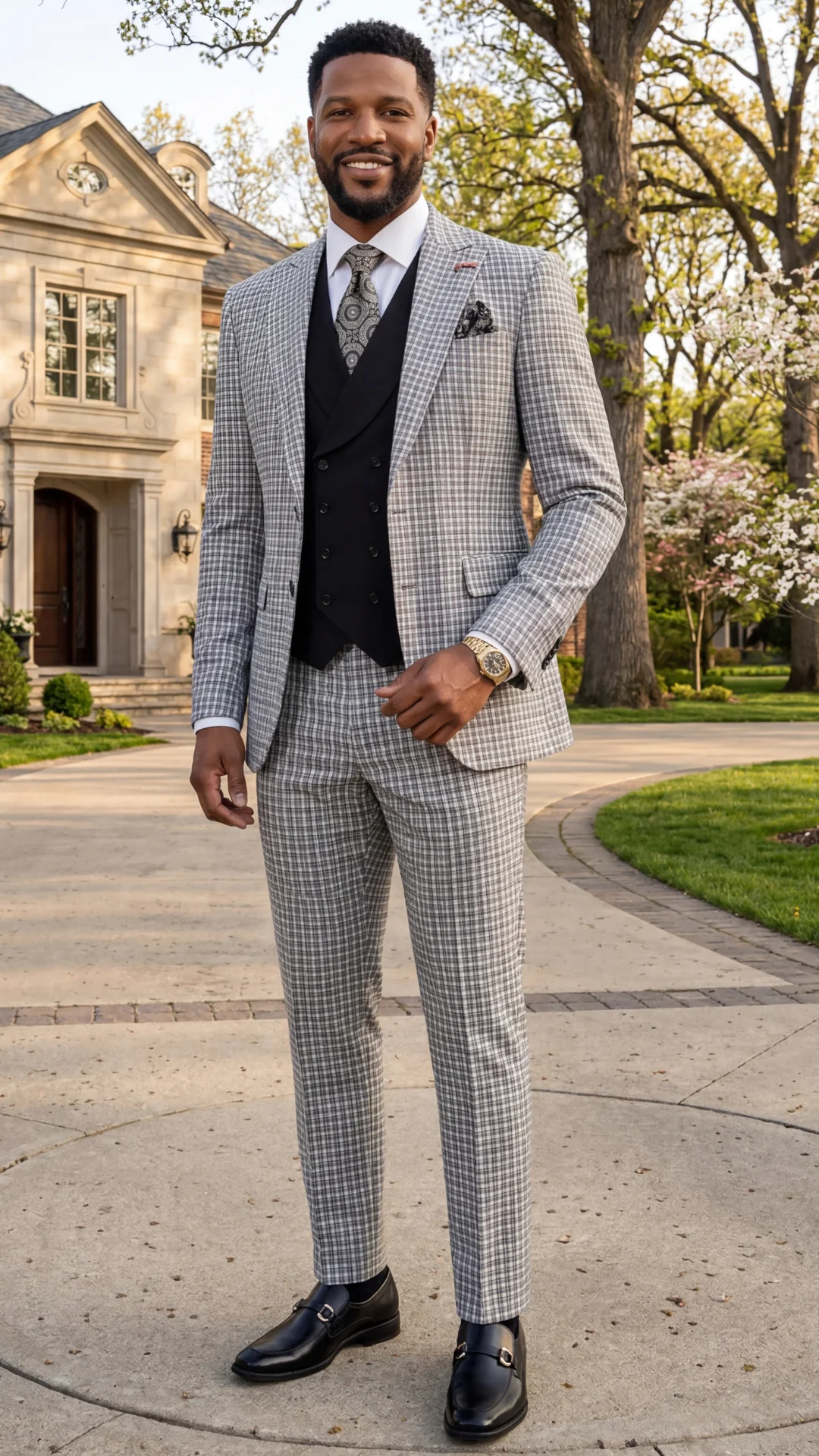 Statement Mens Modern Fit 3 Piece 100% Wool Gingham Suit – Peak Lapel, Double Breasted Vest - Image 2