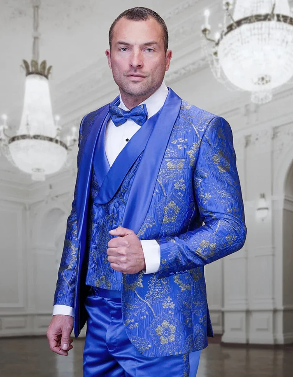 Statement Men's Royal Blue Patterned Vested Tuxedo with Bowtie - Image 6