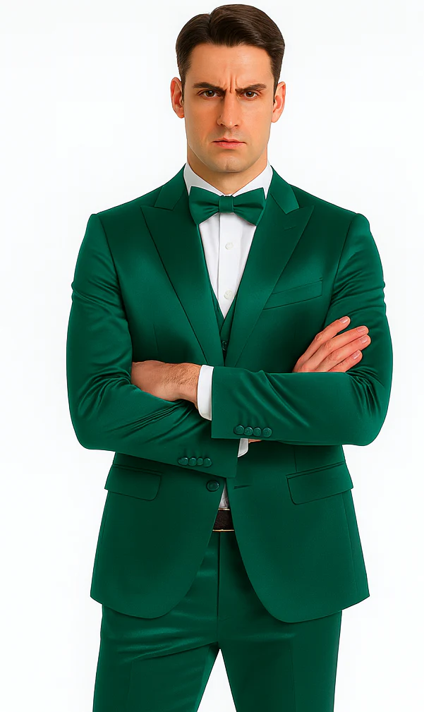 Stylish Green Satin Shiny Metallic Flashy with Sheen Slim Fit 3 Piece Tazzio Men's Suit with Peak Lapel - Image 6