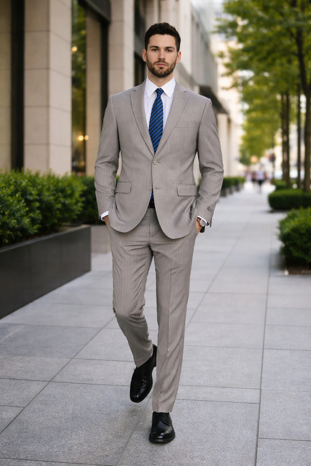 Tan ~ Beige Pinstripe 2 Button Suit  Side Vented Suit Regular Modern Fit Suits Flat Front Pants - Image 7