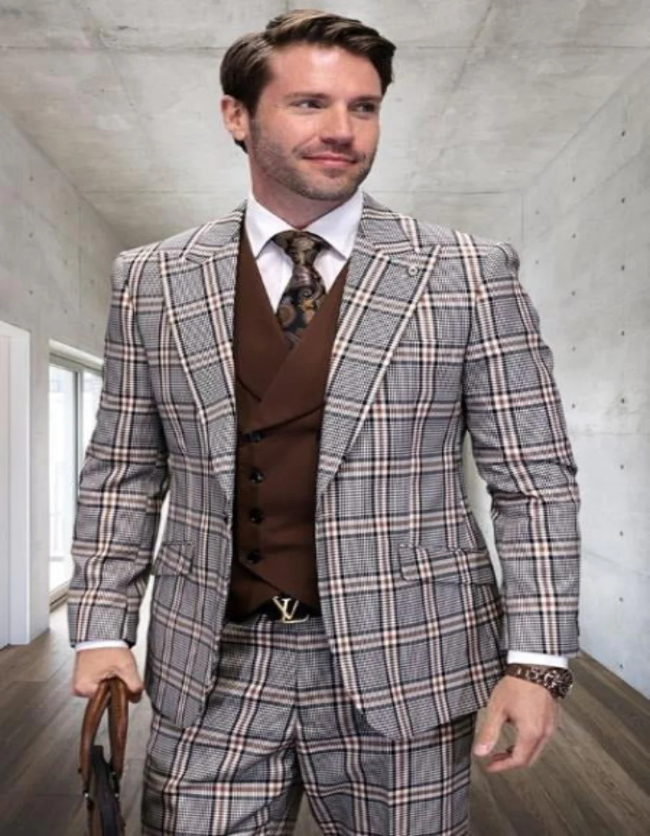 Tan Plaid Suit - Camel Khaki Color Windowpane Pattern Suits - Wool Suits - Double Breasted Vest Peak Lapel Side Vented Modern Fit