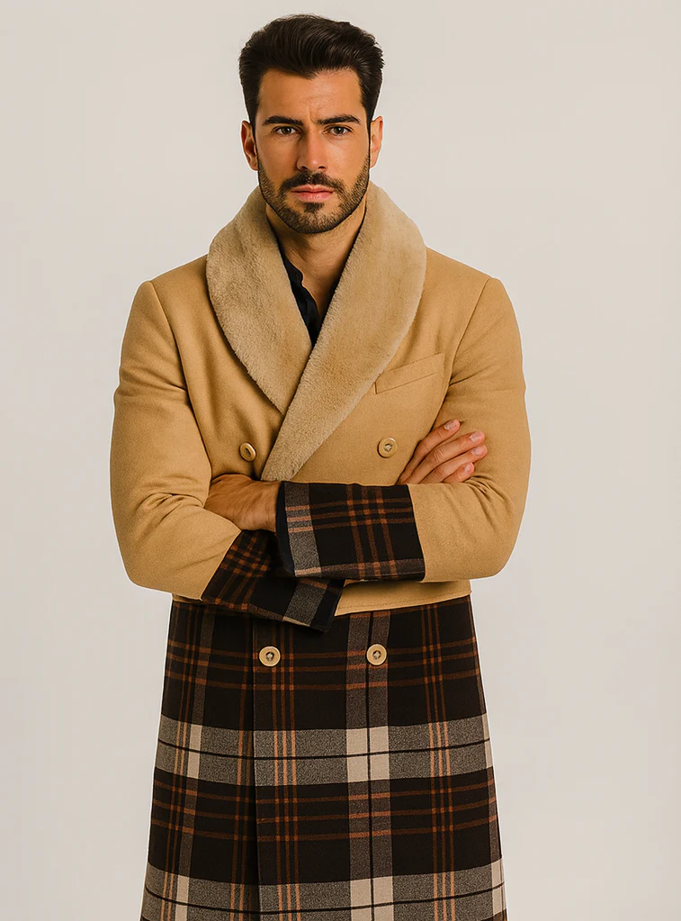 Tan Plaid Wool Overcoat for Men – Stylish Winter Peacoat - Image 6