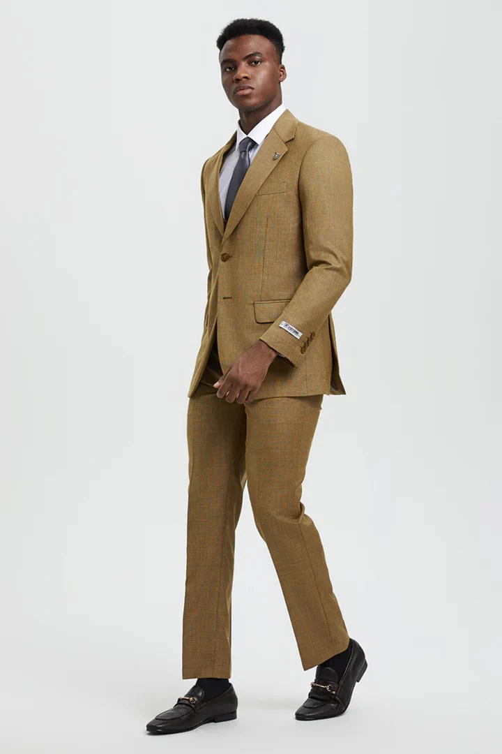 Tan Suits For Wedding - Tan Groomsmen Suits - Tan Sharkskin Tuxedo - Image 3