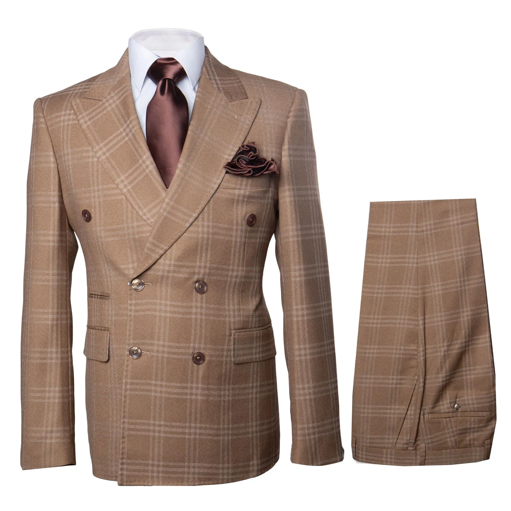 Tan Windowpane Plaid Suit – Rossiman Double-Breasted Men’s Two-Piece in Camel - Image 4