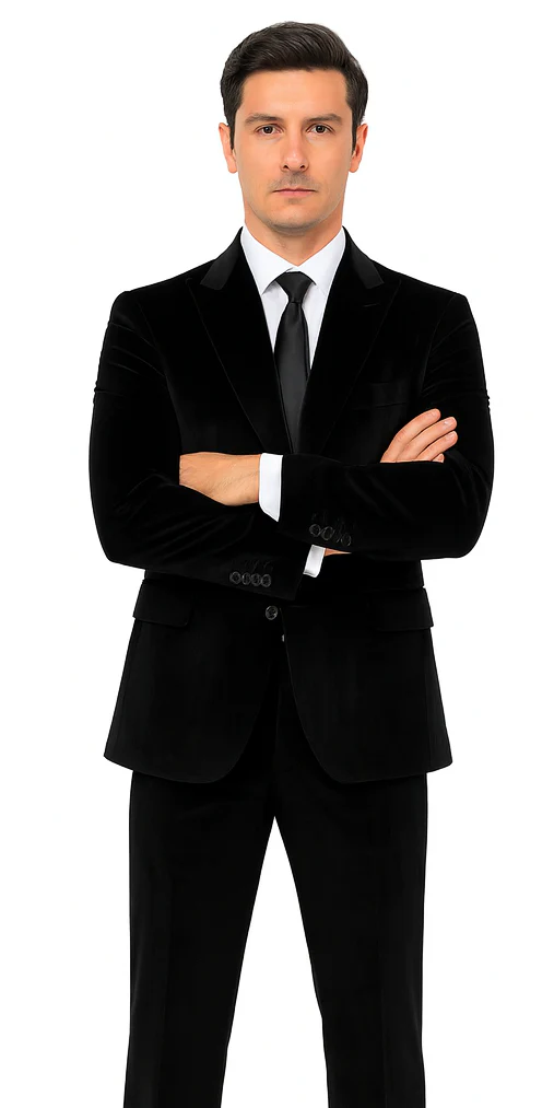 Tazzio Men’s Black Velvet Suit – Slim Fit 2-Piece Formal Peak Lapel - Image 7