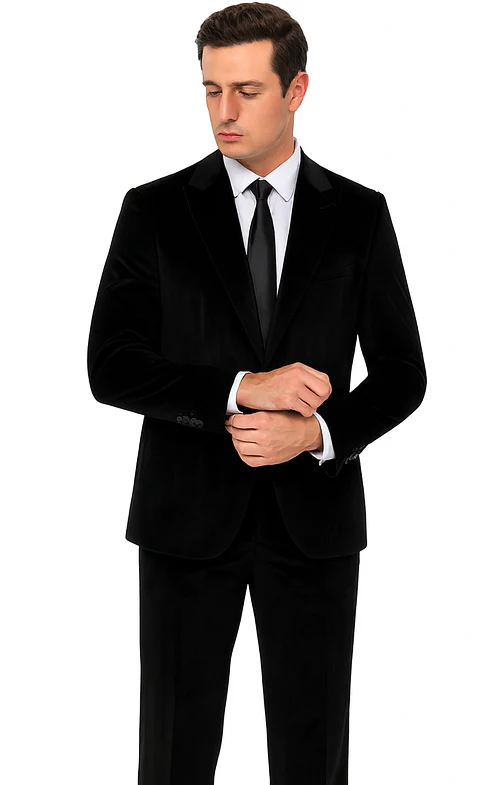 Tazzio Men’s Black Velvet Suit – Slim Fit 2-Piece Formal Peak Lapel - Image 8
