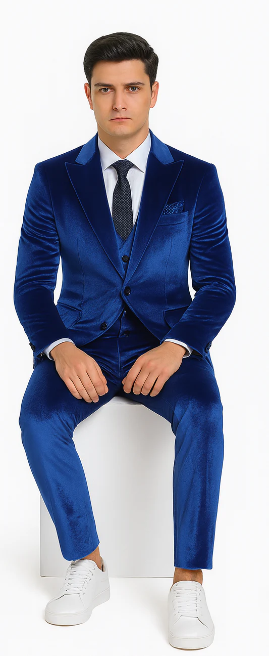 Tazzio Men’s Royal Blue Velvet Suit – Slim Fit 2-Piece Peak Lapel Formalwear - Image 3