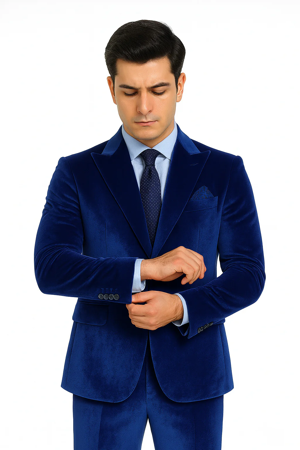 Tazzio Men’s Royal Blue Velvet Suit – Slim Fit 2-Piece Peak Lapel Formalwear - Image 8