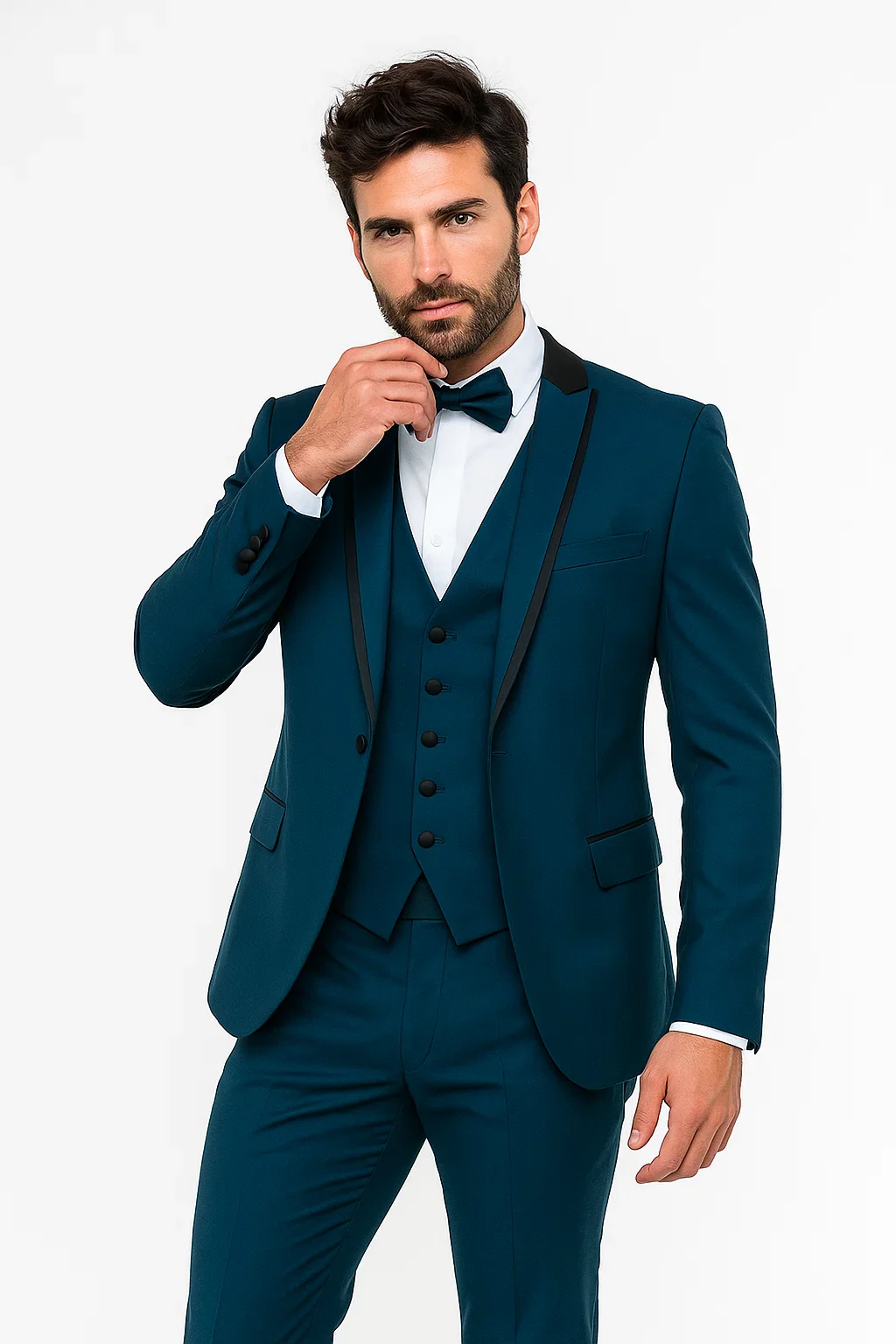 Teal Blue Slim Fit Tuxedo 3 Piece with Satin Shawl Collar Vest - Image 5