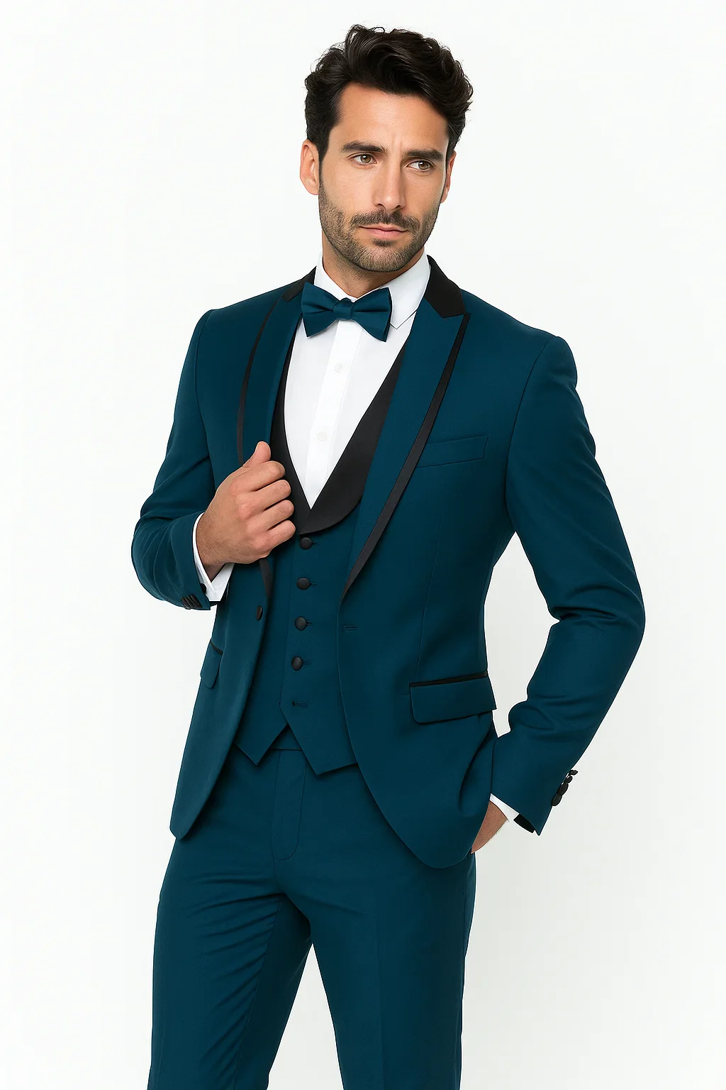 Teal Blue Slim Fit Tuxedo 3 Piece with Satin Shawl Collar Vest - Image 6
