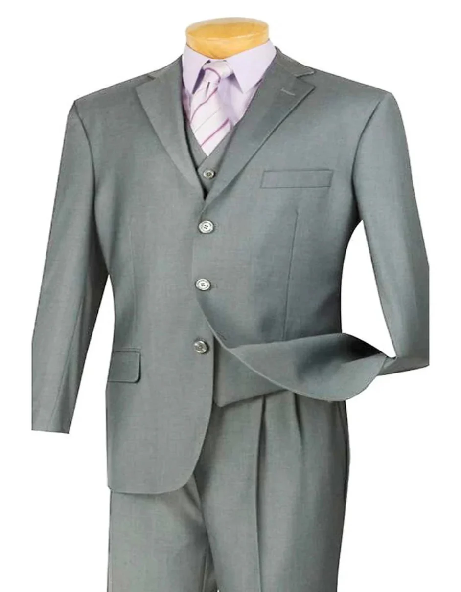 Three Button Suit - Classic Fit Pleated Pants - Mens 3 Button Classic Fit Vested Basic Grey Suit - Image 8