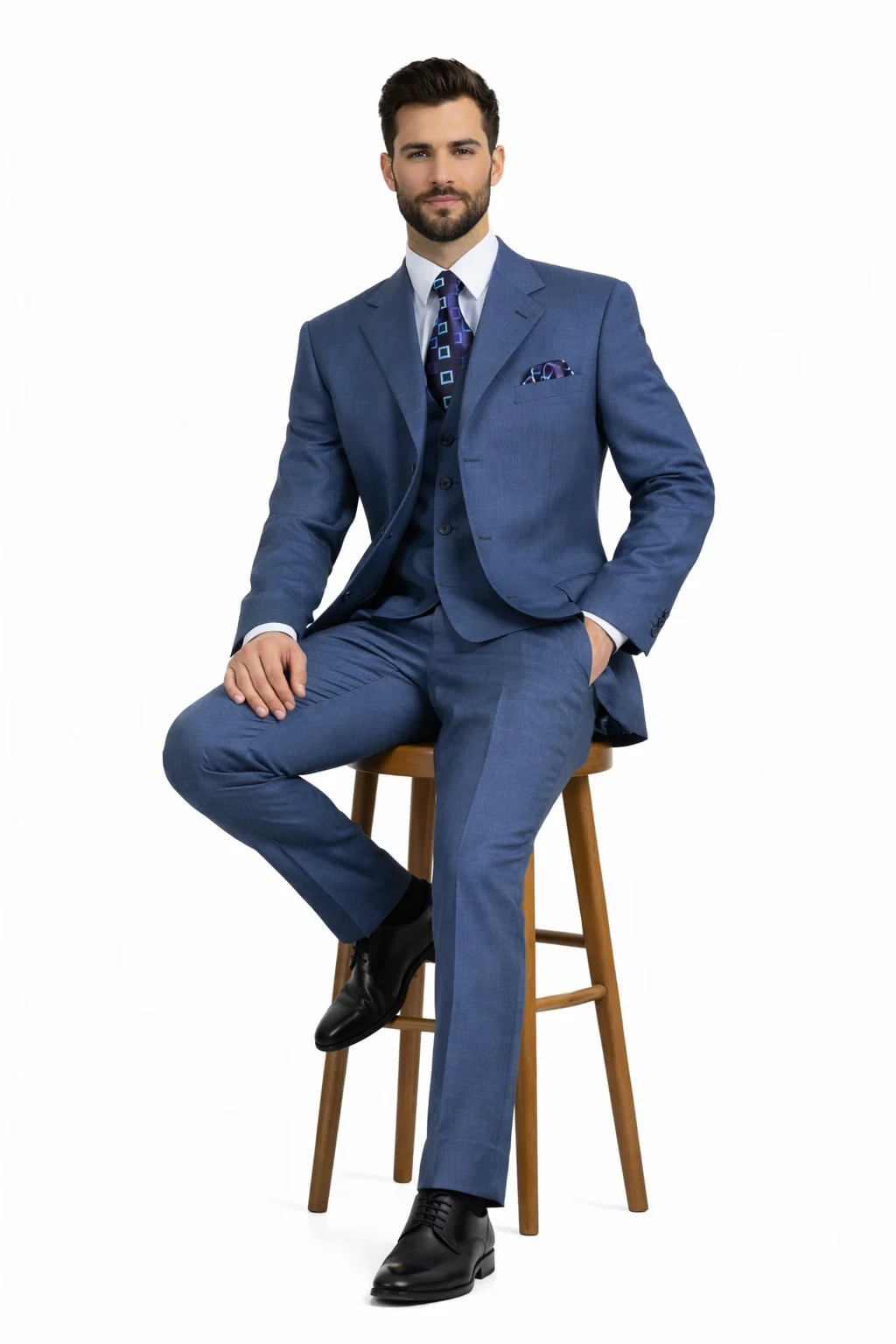 Three Button Suit - Classic Fit Pleated Pants - Mens 3 Button Texured Classic Fit Pleated Blue Pant Suit - Image 4