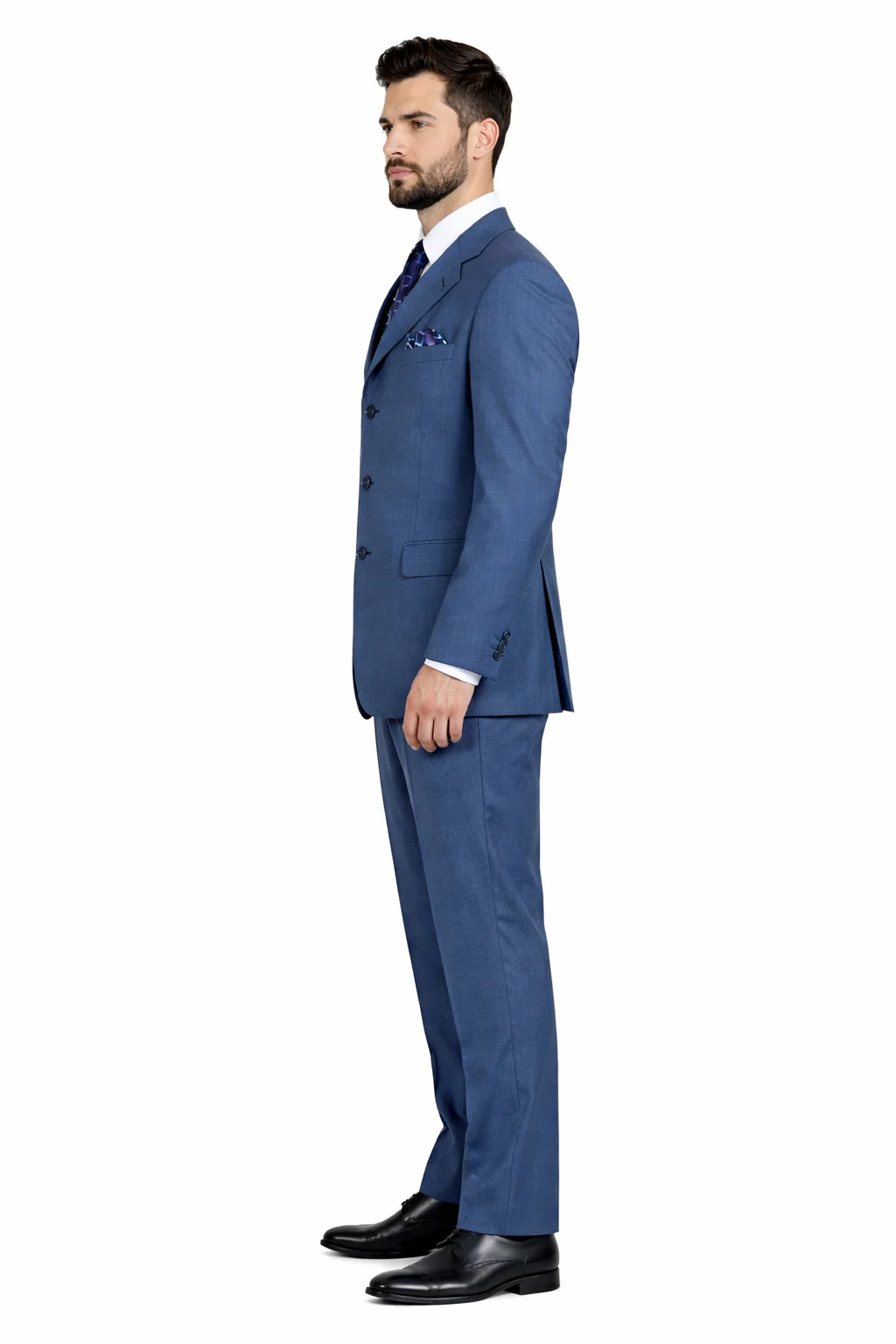 Three Button Suit - Classic Fit Pleated Pants - Mens 3 Button Texured Classic Fit Pleated Blue Pant Suit - Image 5