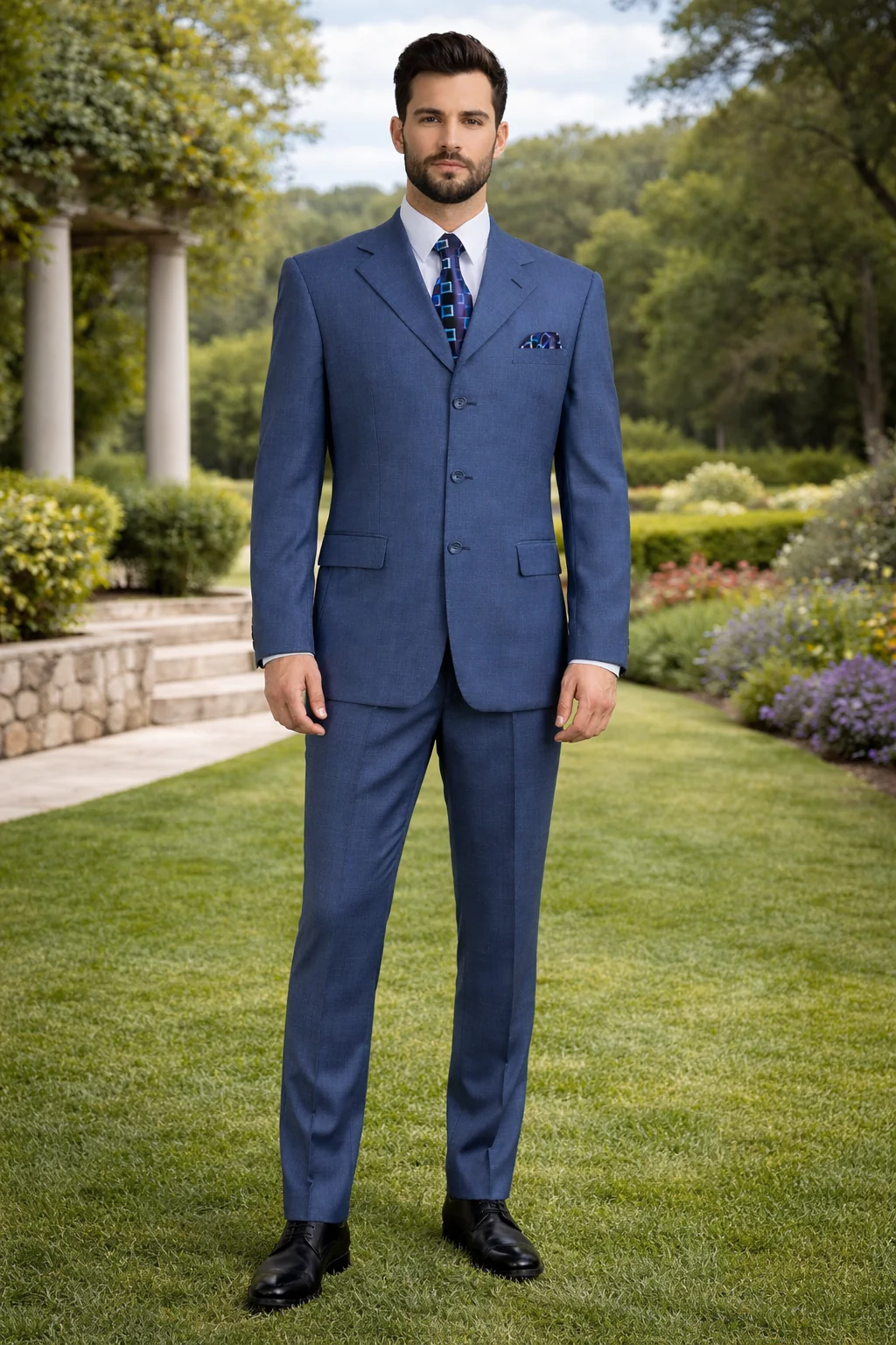 Three Button Suit - Classic Fit Pleated Pants - Mens 3 Button Texured Classic Fit Pleated Blue Pant Suit - Image 6