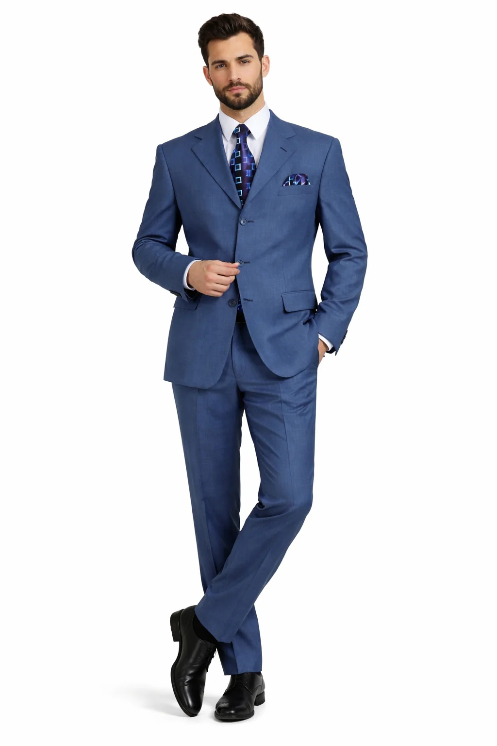 Three Button Suit - Classic Fit Pleated Pants - Mens 3 Button Texured Classic Fit Pleated Blue Pant Suit - Image 7