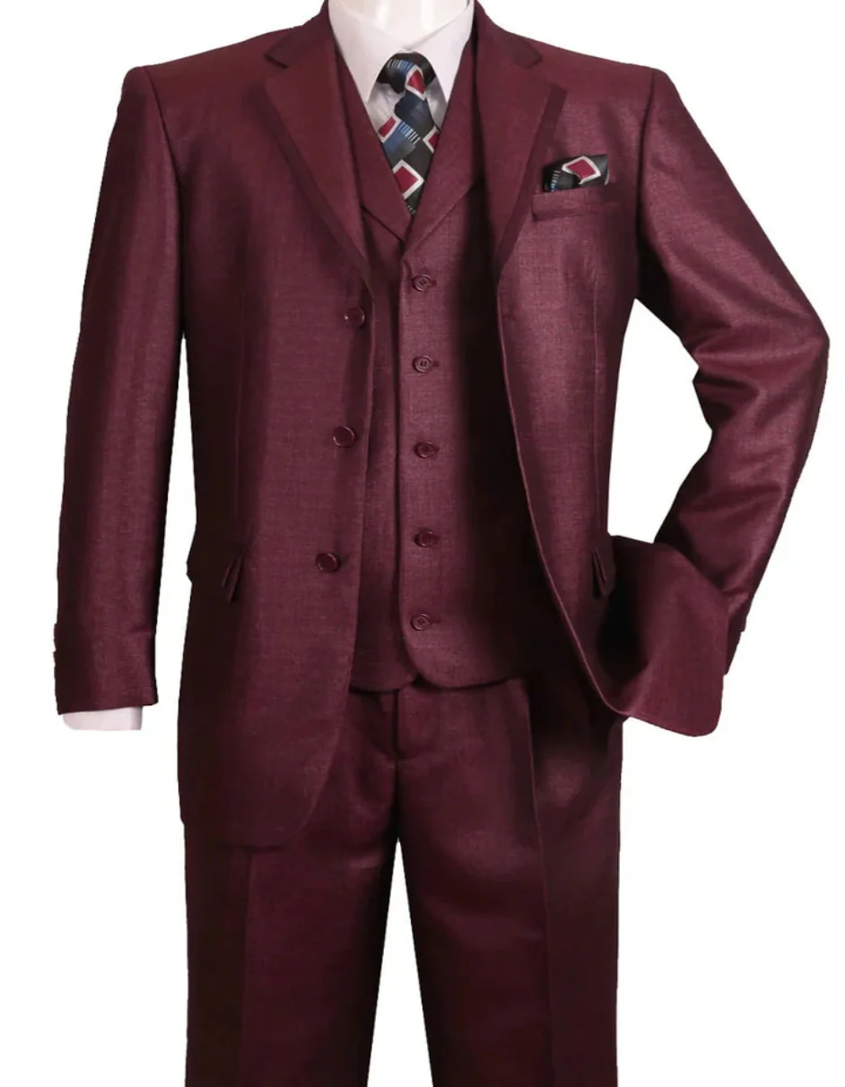 Three Button Suit - Classic Fit Pleated Pants - Mens 3 Button Vested Textured Shiny Sharkskin Burgundy Church Suit