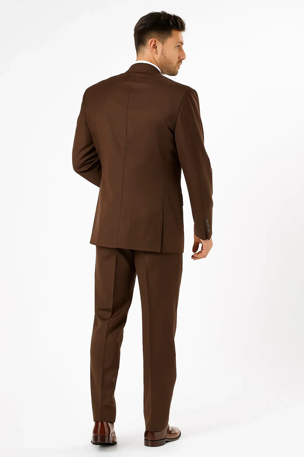 Three Button Suit - Classic Fit Pleated Pants - Mens Classic Fit 3 Button Vested Single Pleated Coco Brown Pant Suit - Image 3