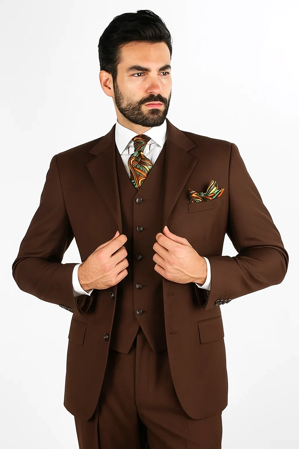 Three Button Suit - Classic Fit Pleated Pants - Mens Classic Fit 3 Button Vested Single Pleated Coco Brown Pant Suit - Image 4