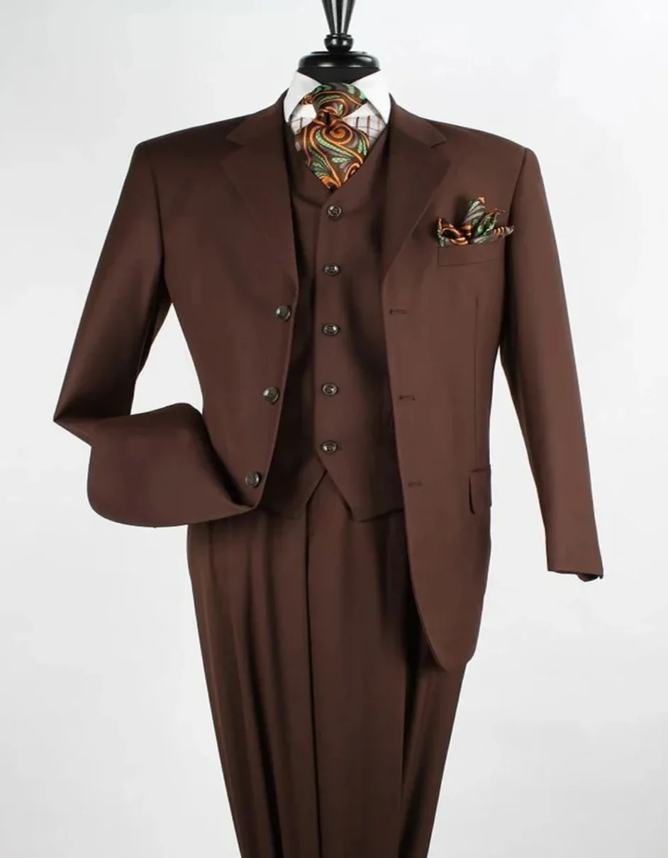 Three Button Suit - Classic Fit Pleated Pants - Mens Classic Fit 3 Button Vested Single Pleated Coco Brown Pant Suit - Image 5