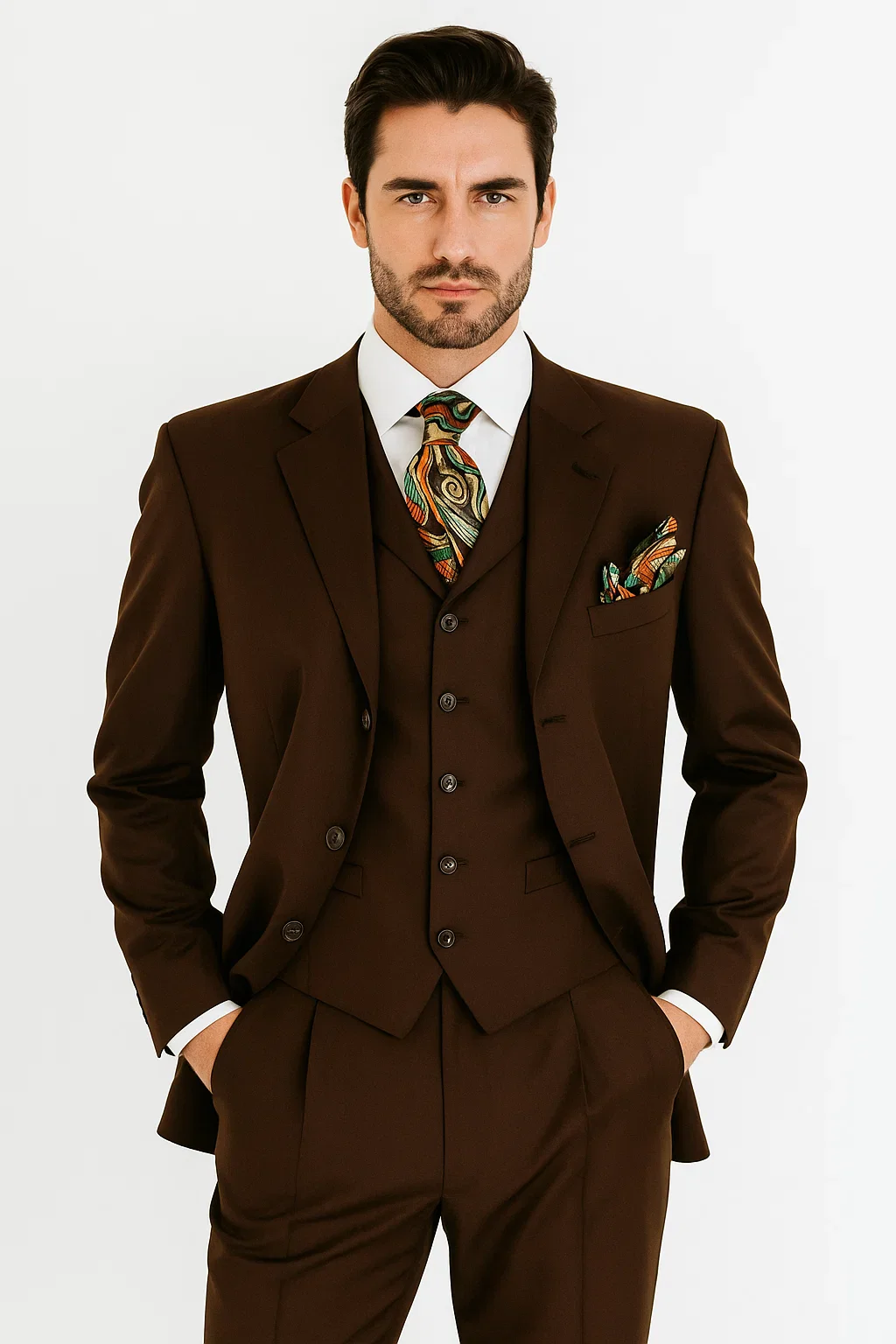 Three Button Suit - Classic Fit Pleated Pants - Mens Classic Fit 3 Button Vested Single Pleated Coco Brown Pant Suit - Image 6