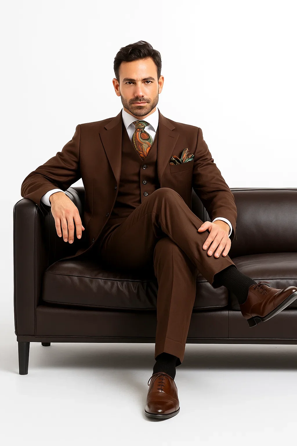 Three Button Suit - Classic Fit Pleated Pants - Mens Classic Fit 3 Button Vested Single Pleated Coco Brown Pant Suit - Image 7