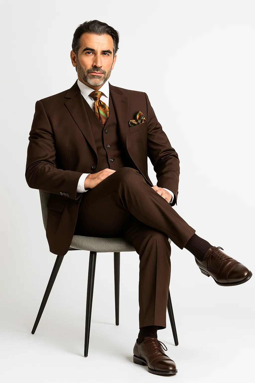 Three Button Suit - Classic Fit Pleated Pants - Mens Classic Fit 3 Button Vested Single Pleated Coco Brown Pant Suit - Image 8