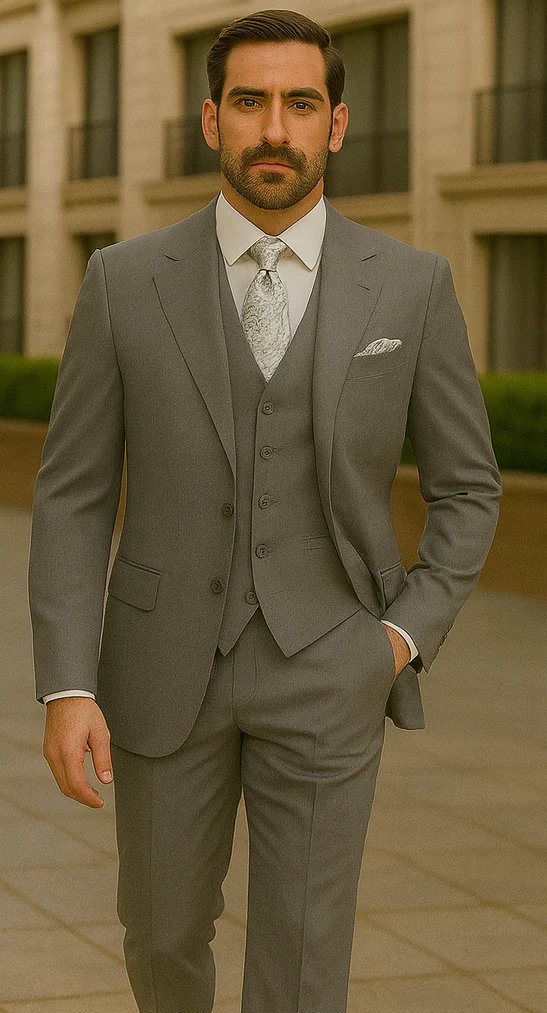 Three Button Suit - Classic Fit Pleated Pants - Mens Three Button Classic Fit Light Grey Vested Suit - Image 6
