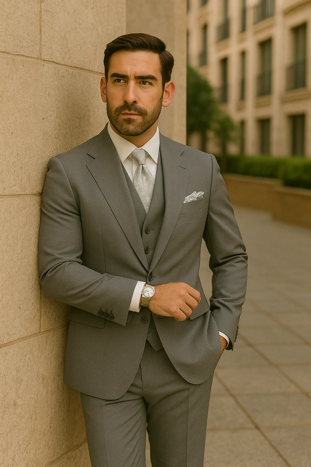 Three Button Suit - Classic Fit Pleated Pants - Mens Three Button Classic Fit Light Grey Vested Suit - Image 7