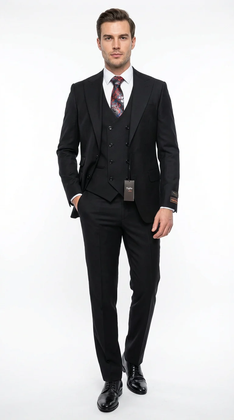Tiglio Men’s Black 3 Piece Suit – Classic Formal Business Suit with Vest for Wedding and Special Occasion