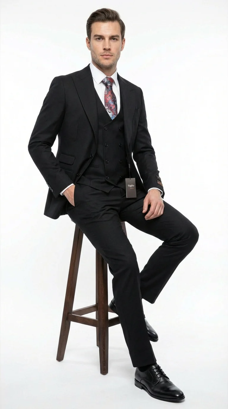 Tiglio Men’s Black 3 Piece Suit – Classic Formal Business Suit with Vest for Wedding and Special Occasion - Image 3