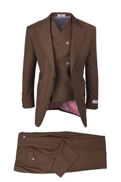 Tiglio Rosso Brand - Classic Suit Fit Pleated Pants Athletic Cut Real Wool Fabric Suit Peak Lapel in Color Brown Semi Wide leg Slack