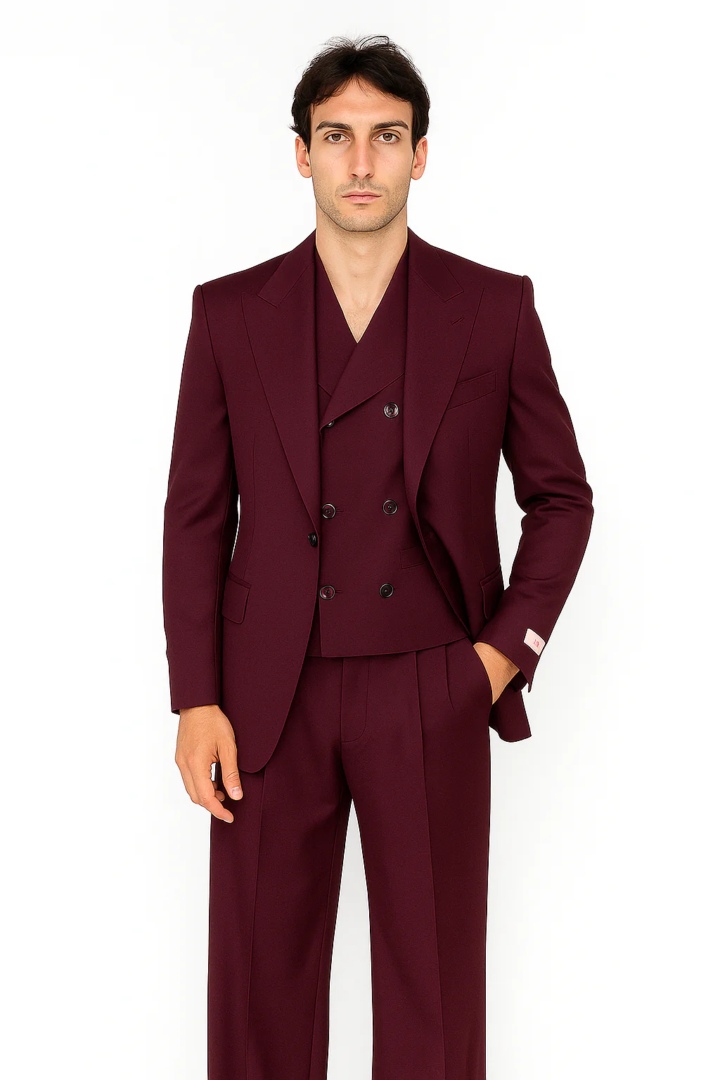 Tiglio Rosso Suit - Classic Fit Athletic Cut 100% Wool Super 150s Italian Fabric Peak Lapel in Color Burgundy