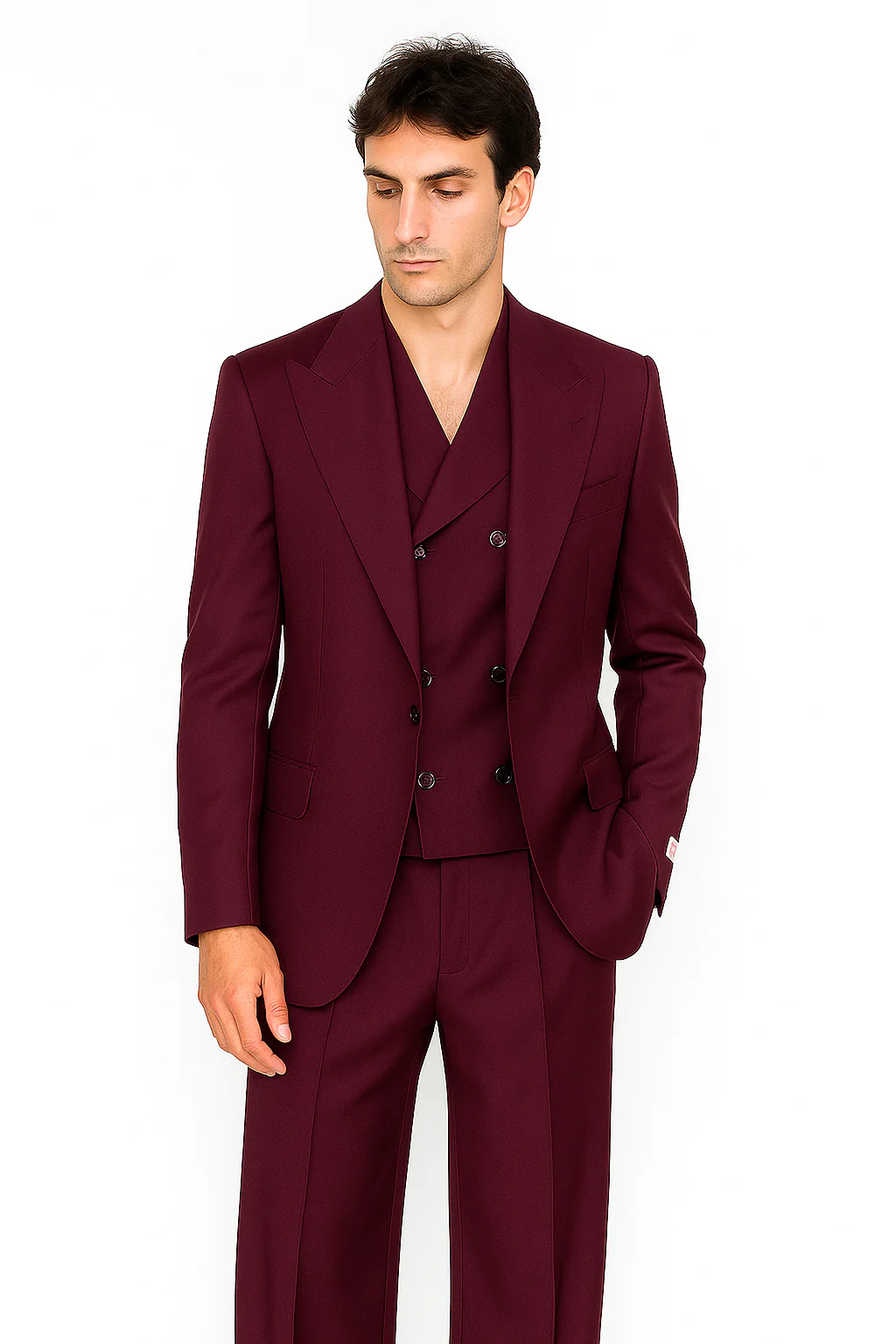 Tiglio Rosso Suit - Classic Fit Athletic Cut 100% Wool Super 150s Italian Fabric Peak Lapel in Color Burgundy - Image 2