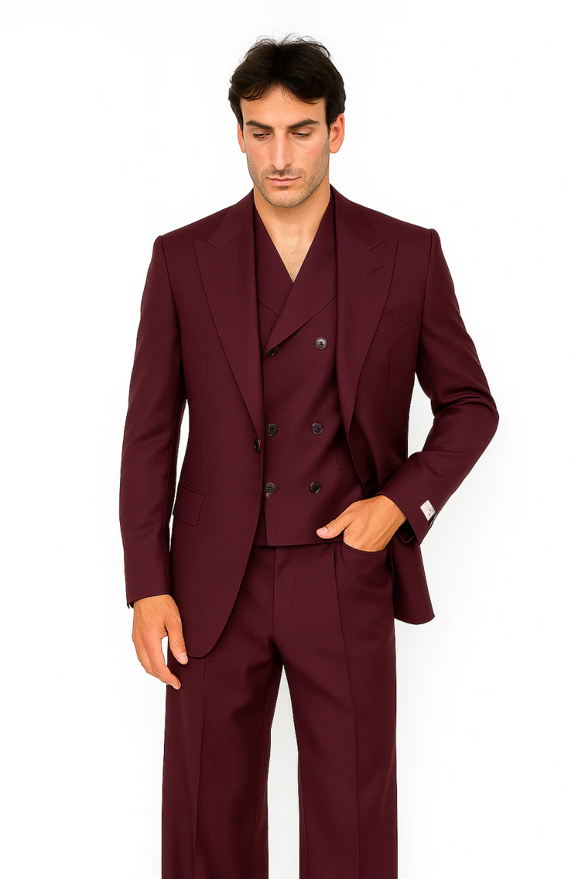 Tiglio Rosso Suit - Classic Fit Athletic Cut 100% Wool Super 150s Italian Fabric Peak Lapel in Color Burgundy - Image 4