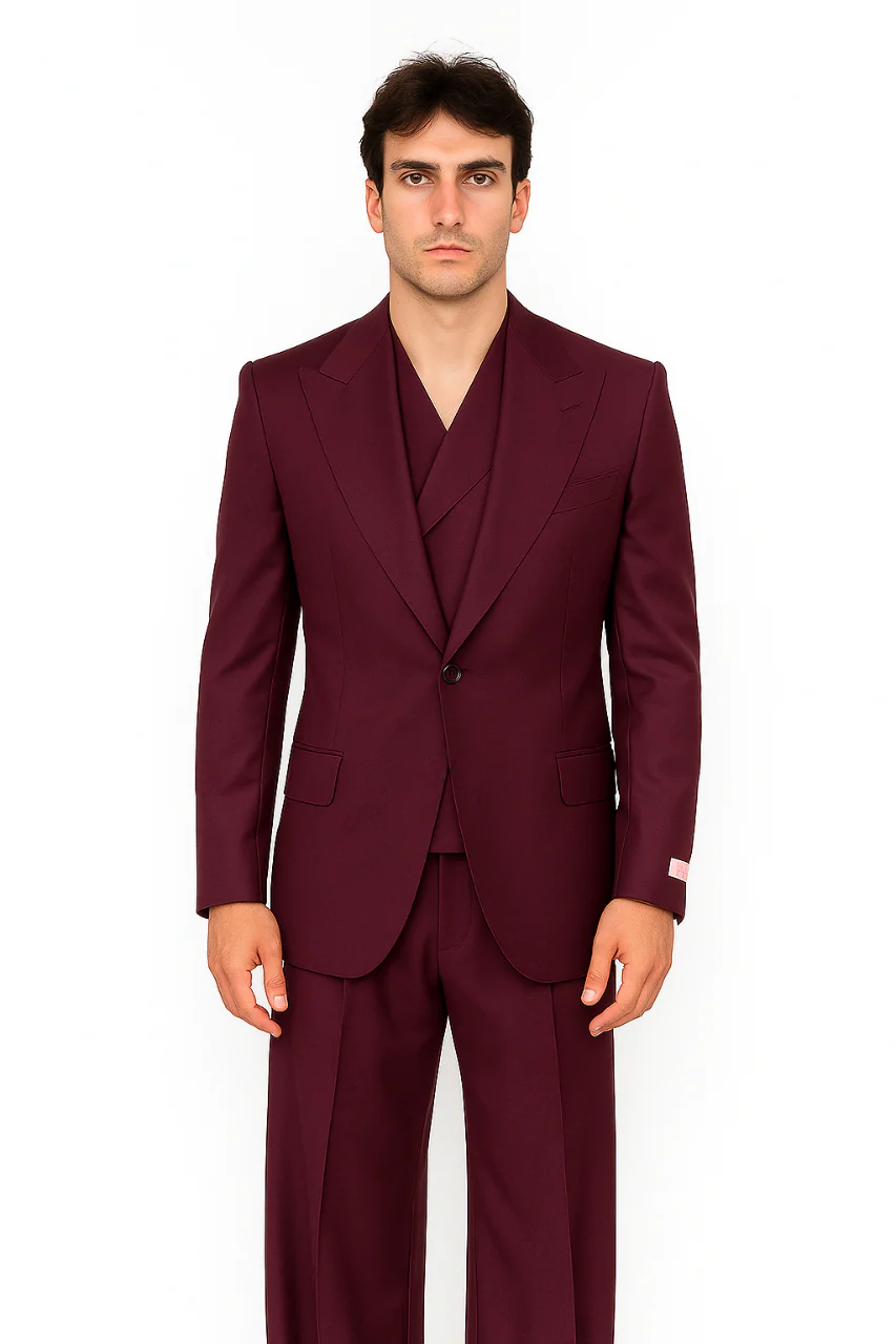 Tiglio Rosso Suit - Classic Fit Athletic Cut 100% Wool Super 150s Italian Fabric Peak Lapel in Color Burgundy - Image 6