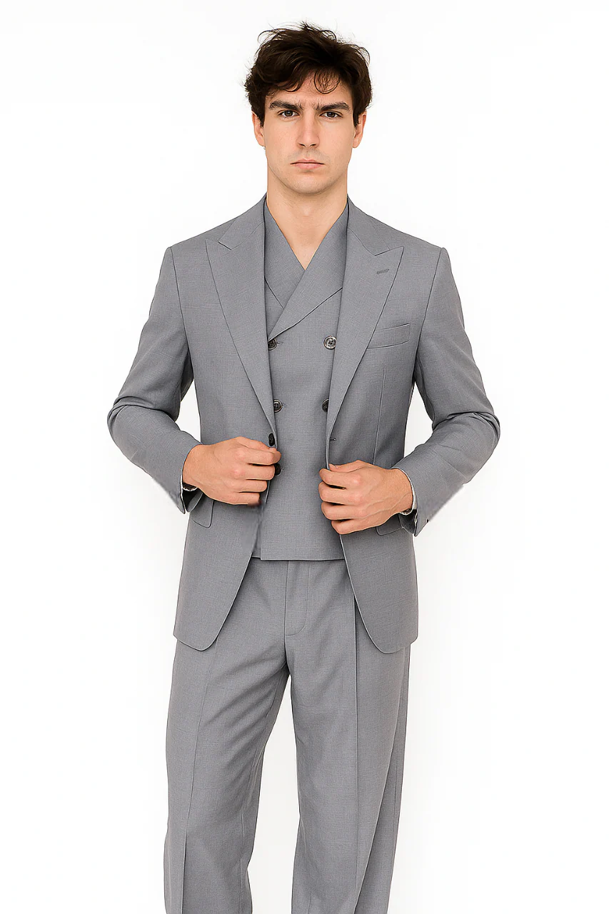 Tiglio Rosso Suit  - Classic Fit Athletic Cut 100% Wool Super 150s Italian Fabric Peak Lapel in Color Light Gray - Image 3