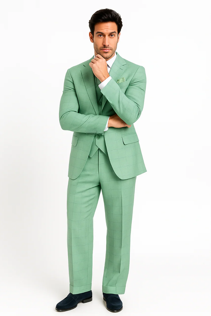 Tiglio Rosso Suit - Classic Fit Athletic Cut 100% Wool Super 150s Italian Fabric Peak Lapel in Color Mint Green - Image 5