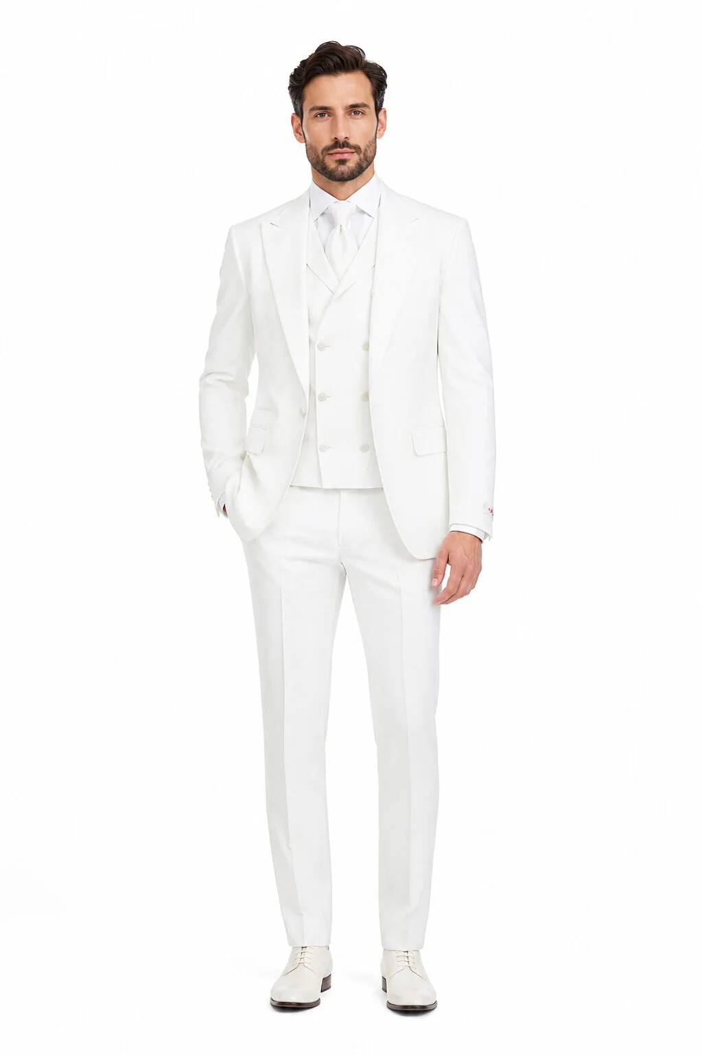 Tiglio Rosso Suit - Classic Fit Athletic Cut 100% Wool Super 150s Italian Fabric Peak Lapel in Color Off White