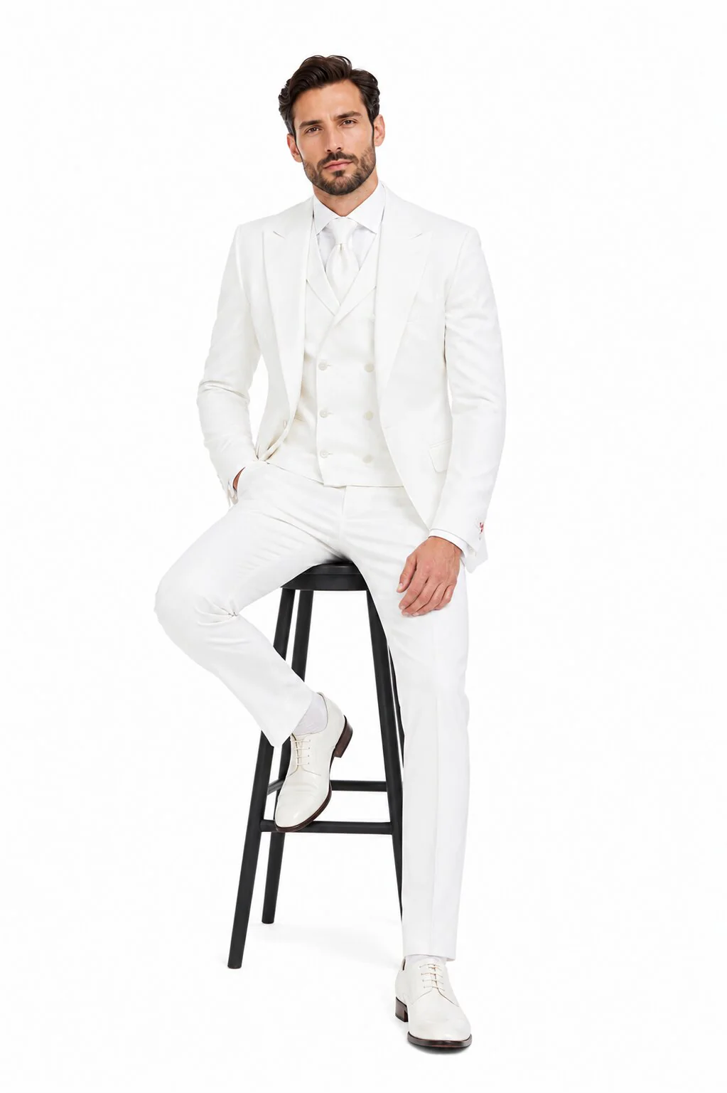 Tiglio Rosso Suit - Classic Fit Athletic Cut 100% Wool Super 150s Italian Fabric Peak Lapel in Color Off White - Image 4